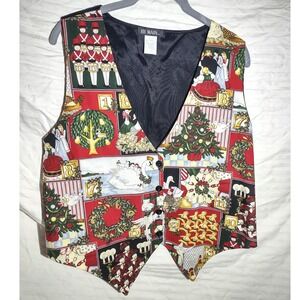 111 MAIN‎ Women's Vintage Holiday Christmas Vest Large Front Print Button Up